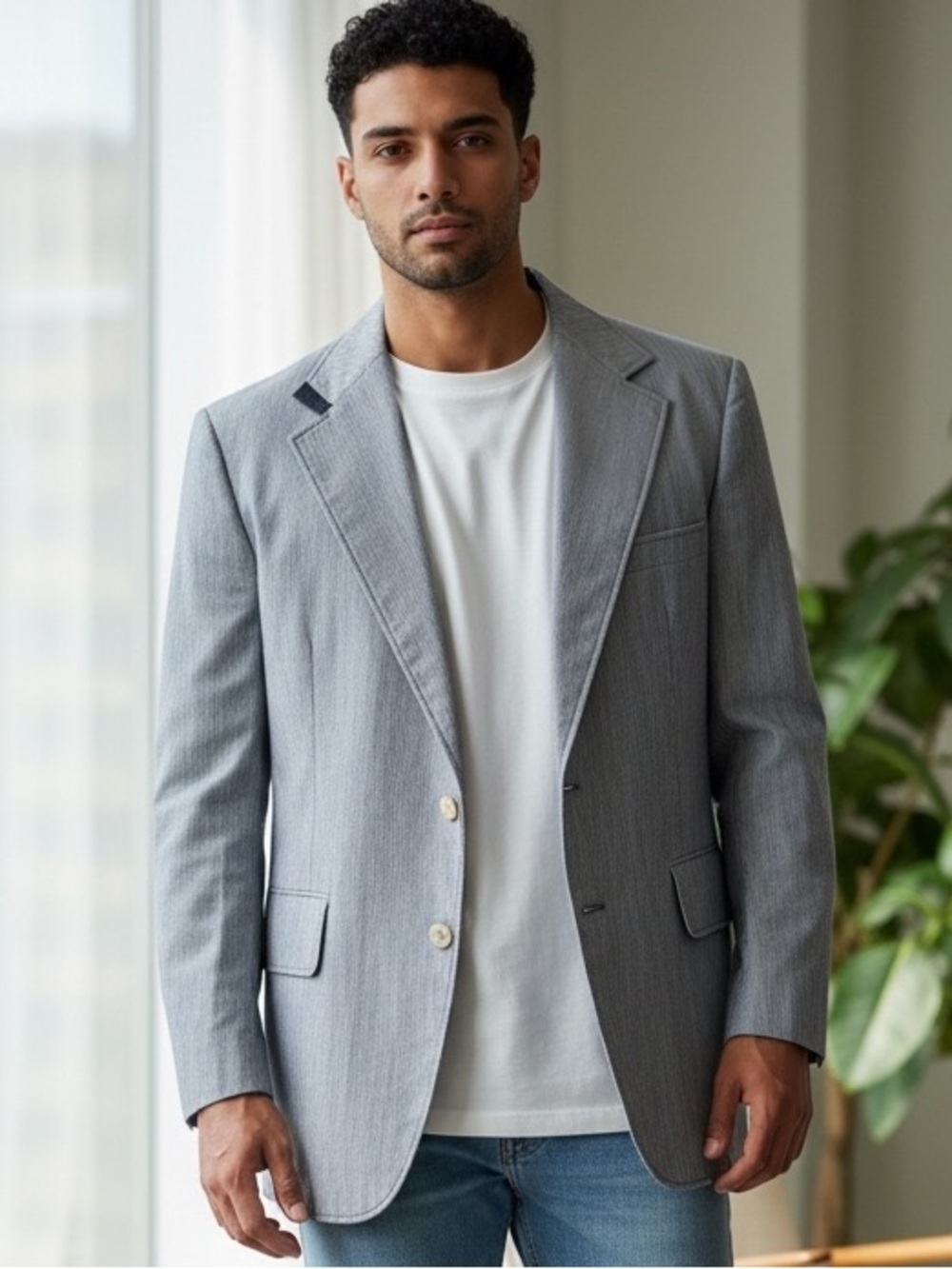 60s HASPEL COTTON BLUE & WHITE 2 BUTTON FINE PINCORD SEERSUCKER SPORTS COAT 36R
